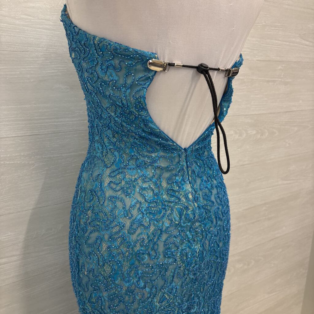 La Femme Blue Beaded/ Sequin Lace Strapless Long Formal Dress 0