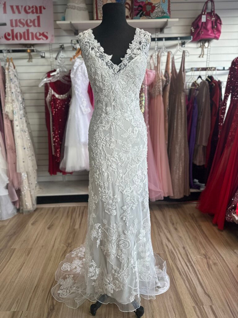 Oyster/ Ivory Beaded Lace V Neck Bridal Gown 14