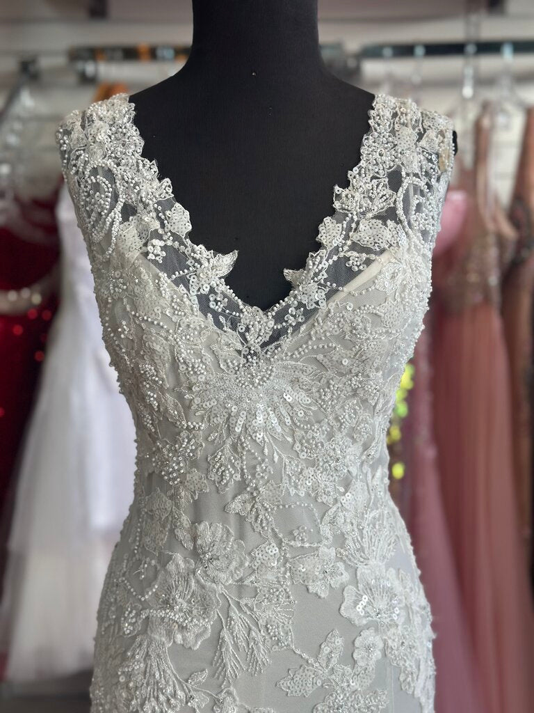 Oyster/ Ivory Beaded Lace V Neck Bridal Gown 14