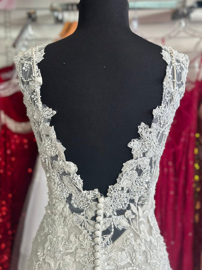 Oyster/ Ivory Beaded Lace V Neck Bridal Gown 14