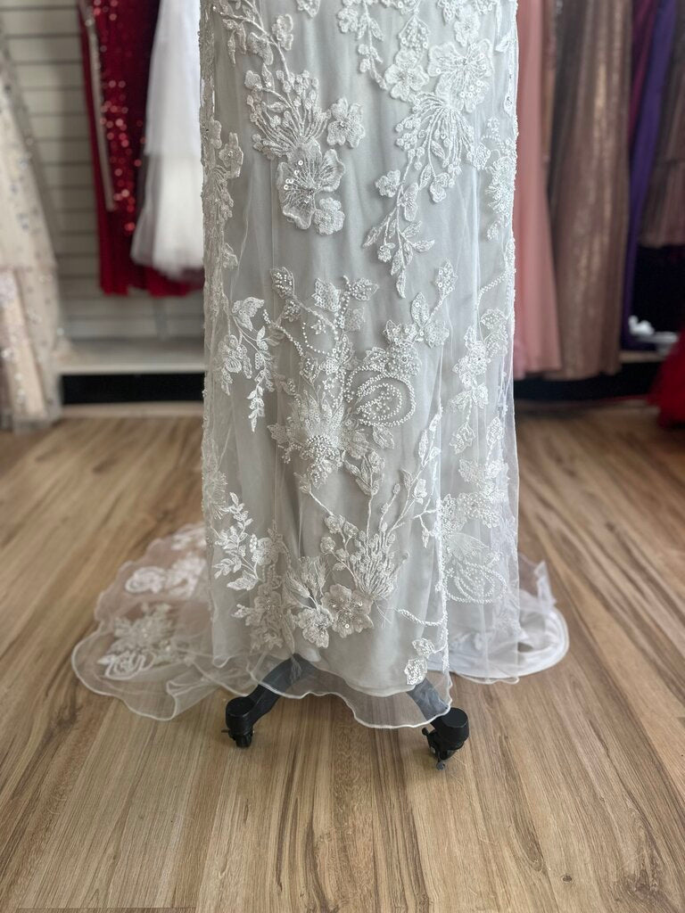 Oyster/ Ivory Beaded Lace V Neck Bridal Gown 14