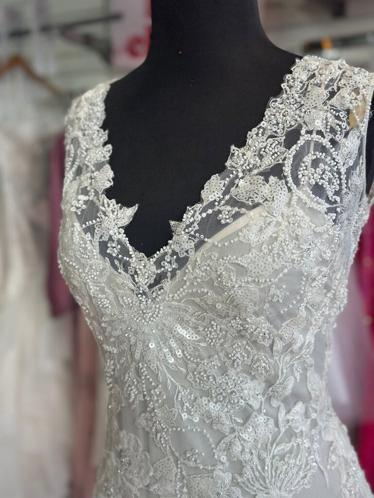 Oyster/ Ivory Beaded Lace V Neck Bridal Gown 14