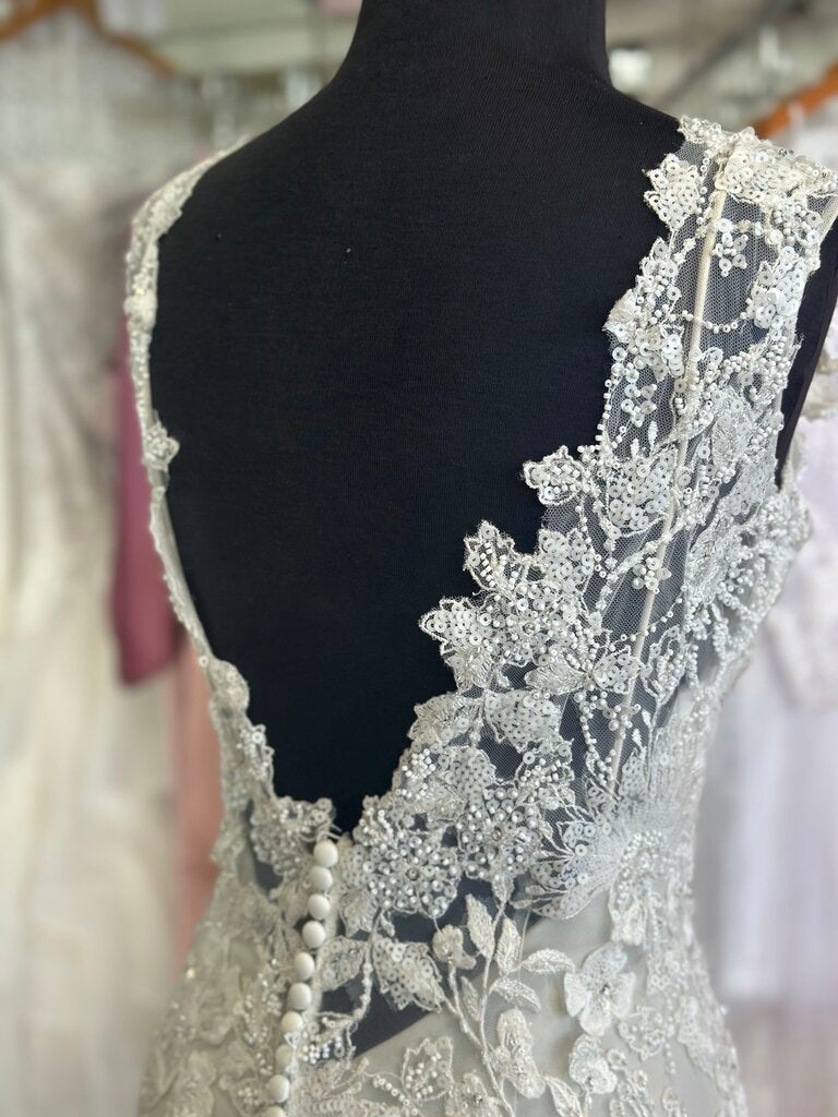 Oyster/ Ivory Beaded Lace V Neck Bridal Gown 14