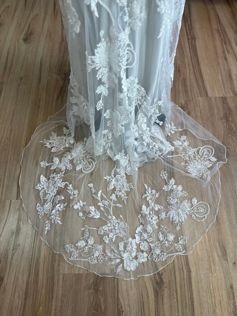 Oyster/ Ivory Beaded Lace V Neck Bridal Gown 14