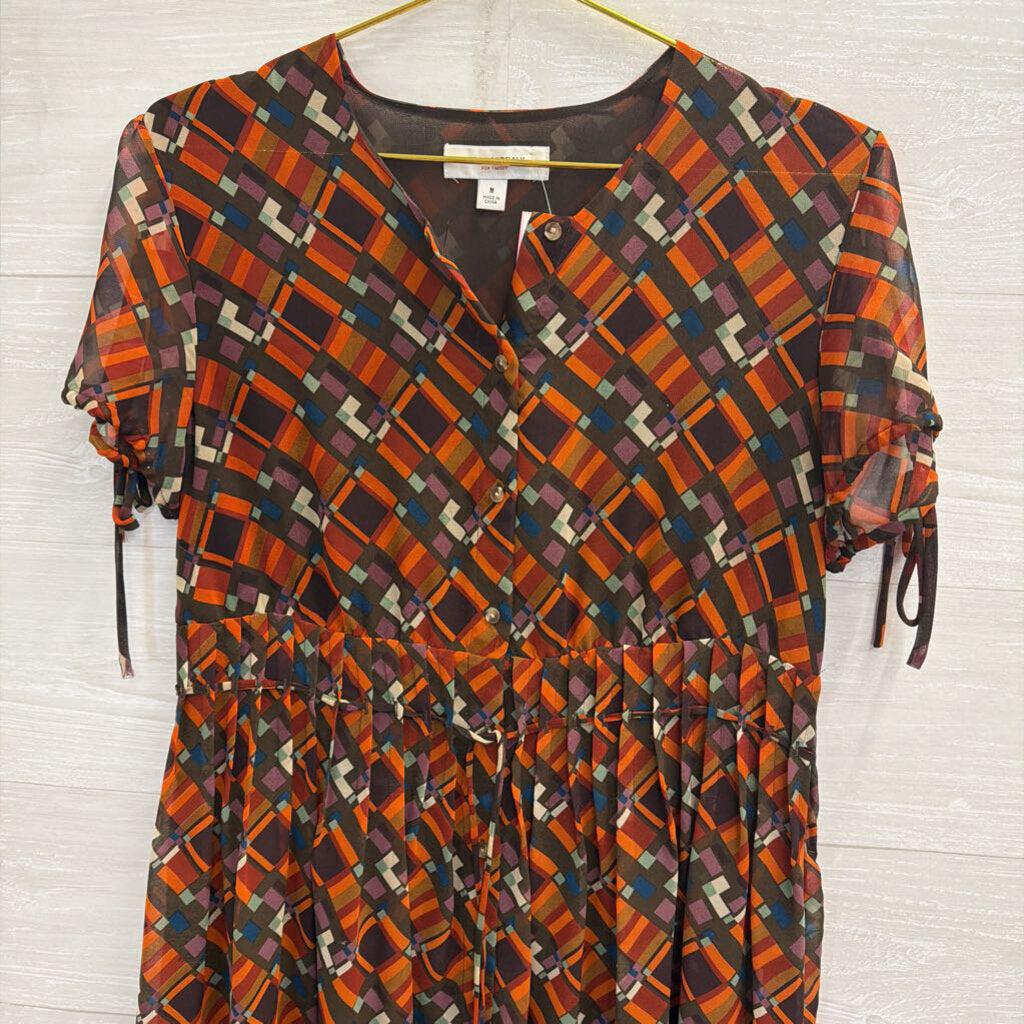 Issac Mizrahi for Targer Brown/ Orange/ Multi Print Button Front Short Sleeve Dress Medium