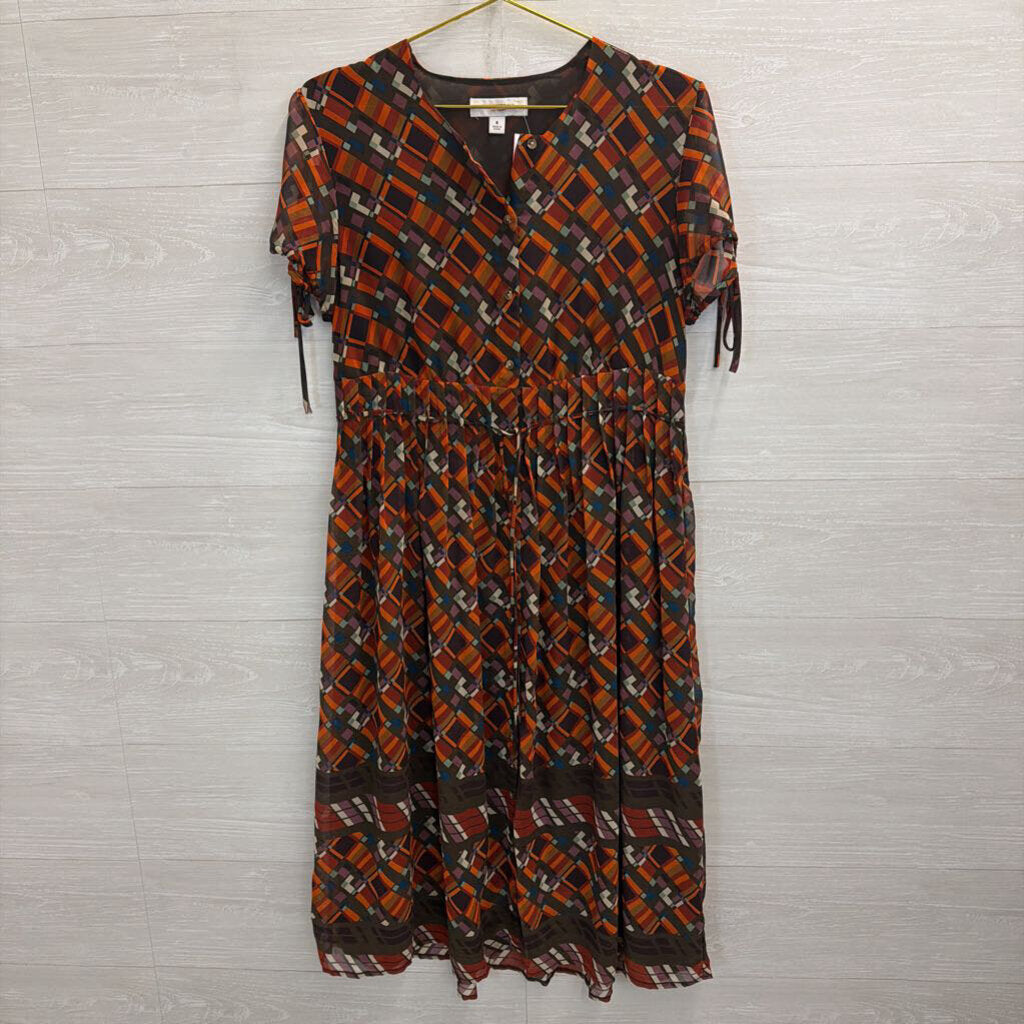Issac Mizrahi for Targer Brown/ Orange/ Multi Print Button Front Short Sleeve Dress Medium