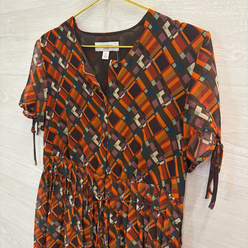 Issac Mizrahi for Targer Brown/ Orange/ Multi Print Button Front Short Sleeve Dress Medium
