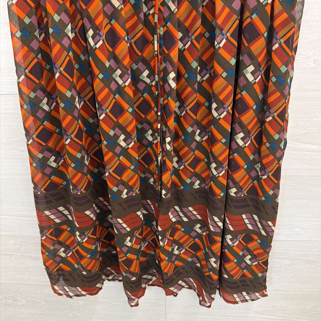 Issac Mizrahi for Targer Brown/ Orange/ Multi Print Button Front Short Sleeve Dress Medium