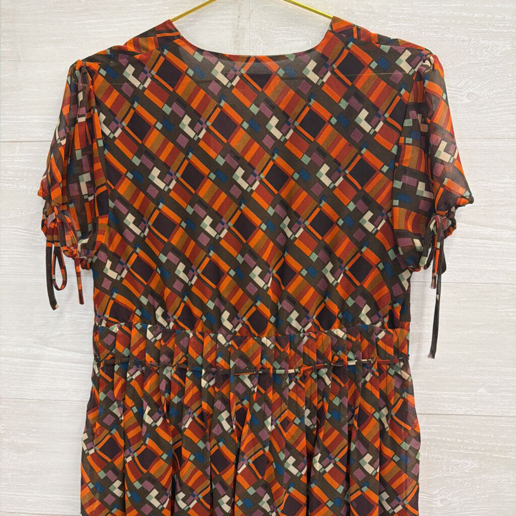 Issac Mizrahi for Targer Brown/ Orange/ Multi Print Button Front Short Sleeve Dress Medium
