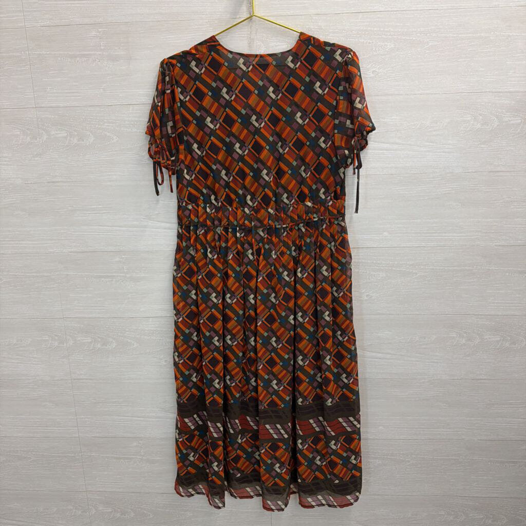 Issac Mizrahi for Targer Brown/ Orange/ Multi Print Button Front Short Sleeve Dress Medium