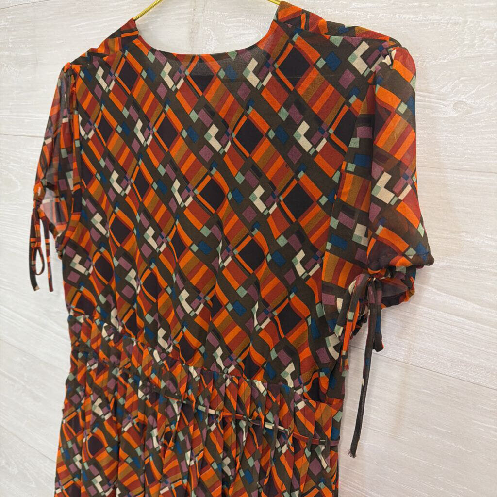 Issac Mizrahi for Targer Brown/ Orange/ Multi Print Button Front Short Sleeve Dress Medium