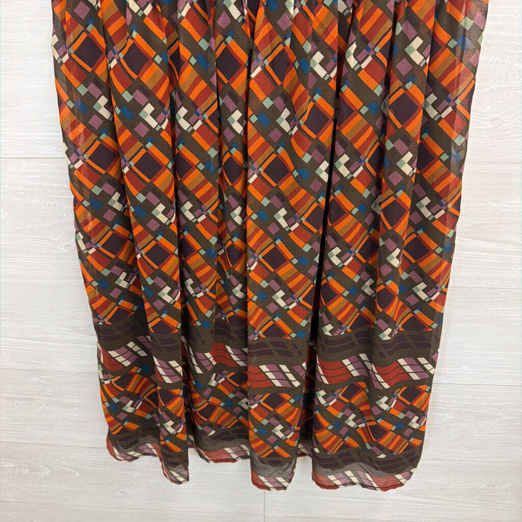 Issac Mizrahi for Targer Brown/ Orange/ Multi Print Button Front Short Sleeve Dress Medium