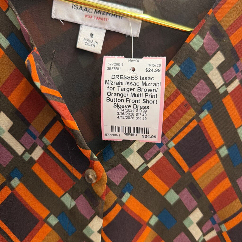 Issac Mizrahi for Targer Brown/ Orange/ Multi Print Button Front Short Sleeve Dress Medium