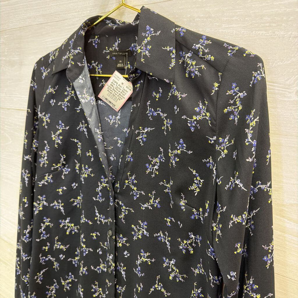 Ann Taylor Navy Silky Floral Print Long Sleeve Button Down Top Extra Small