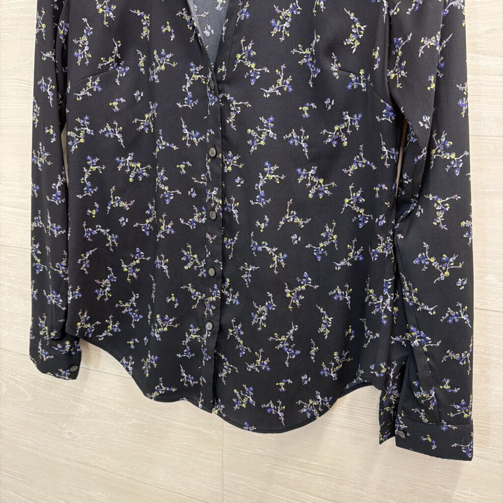 Ann Taylor Navy Silky Floral Print Long Sleeve Button Down Top Extra Small