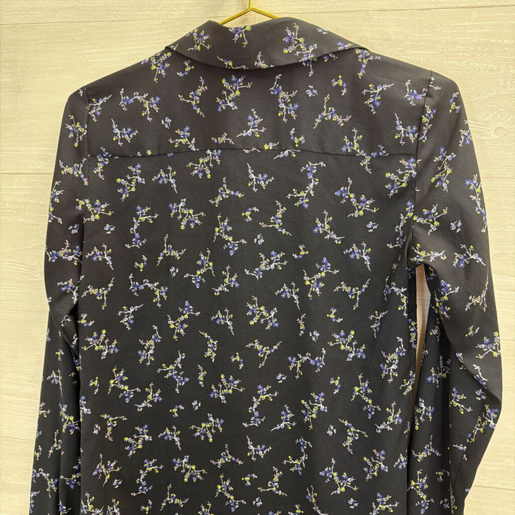 Ann Taylor Navy Silky Floral Print Long Sleeve Button Down Top Extra Small