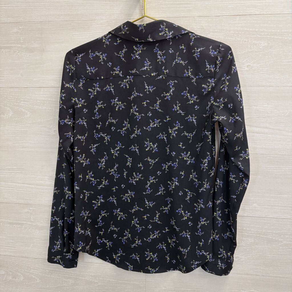 Ann Taylor Navy Silky Floral Print Long Sleeve Button Down Top Extra Small