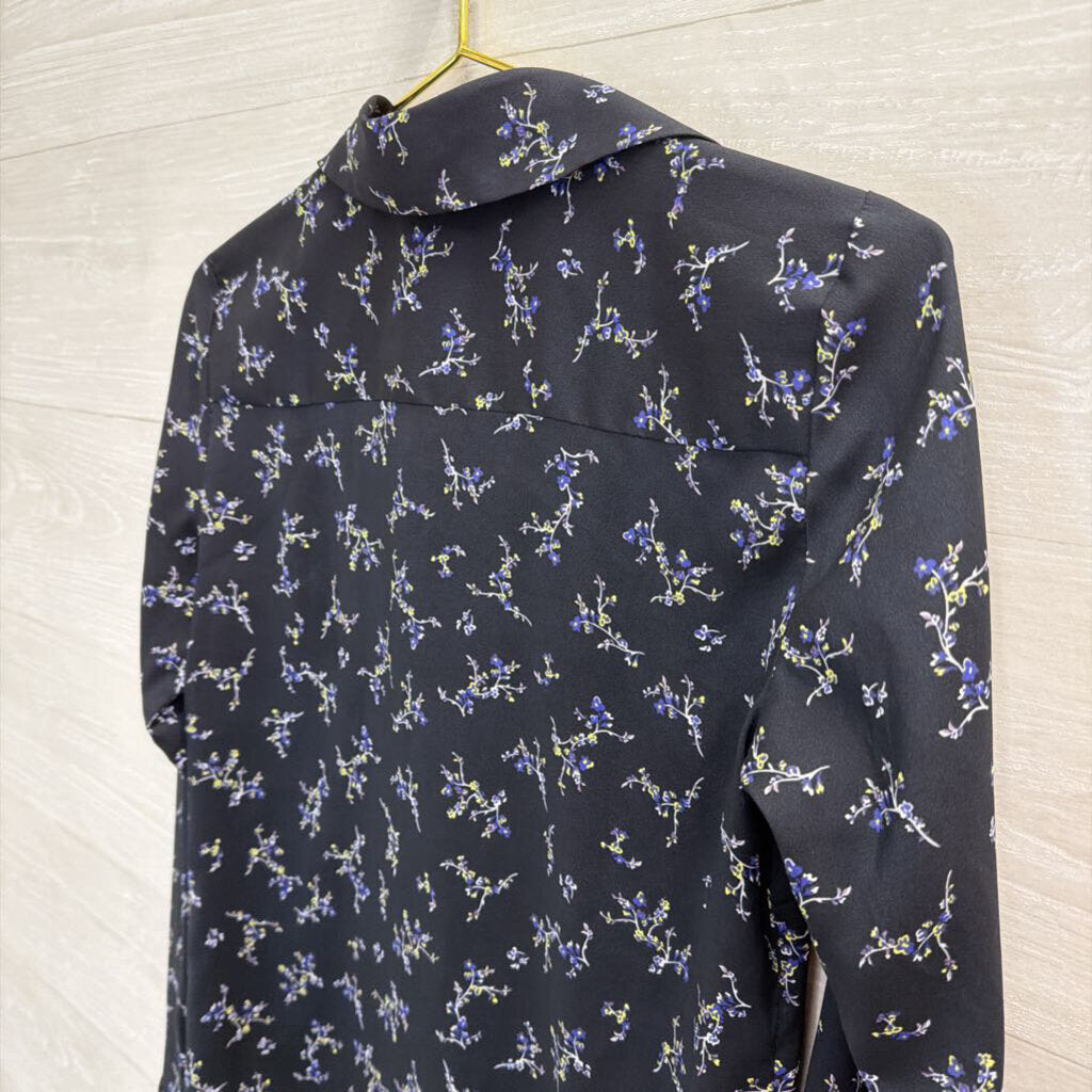 Ann Taylor Navy Silky Floral Print Long Sleeve Button Down Top Extra Small