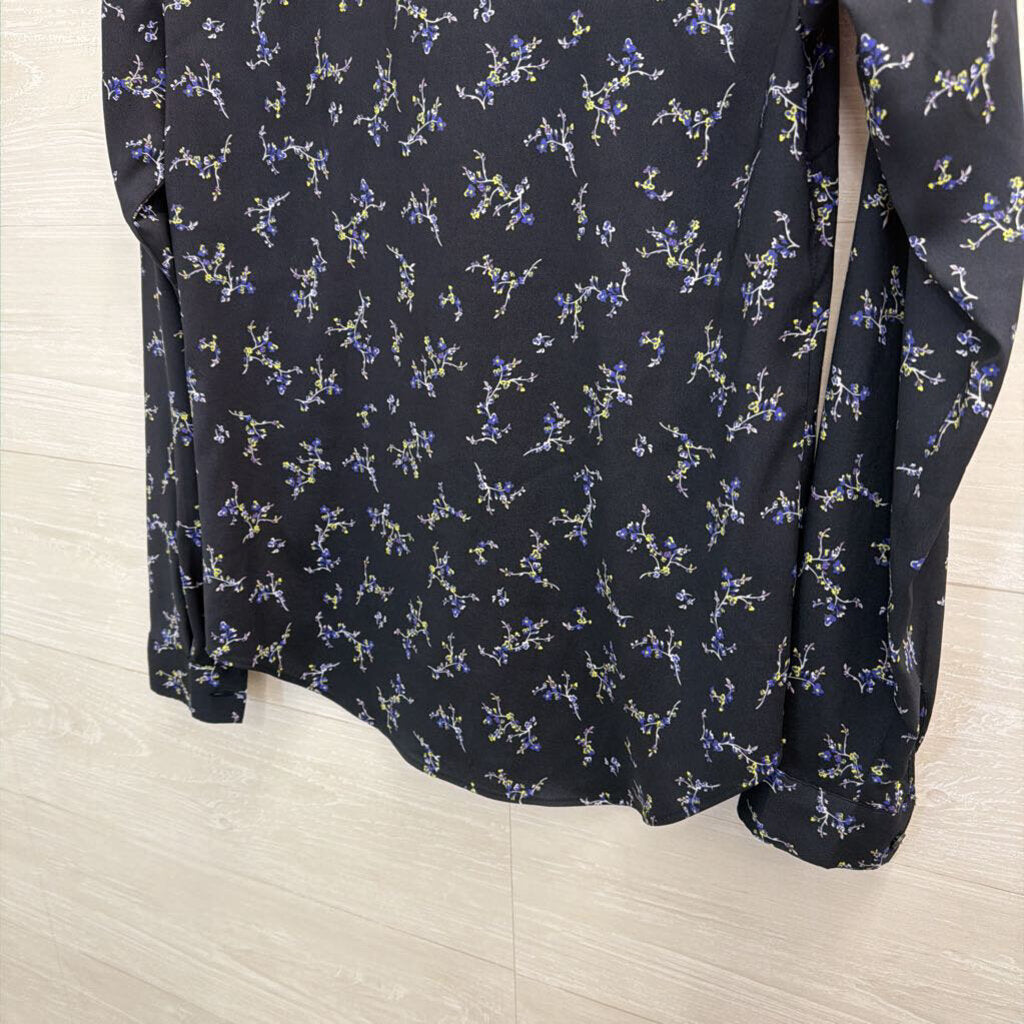 Ann Taylor Navy Silky Floral Print Long Sleeve Button Down Top Extra Small