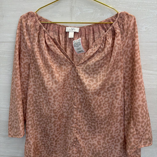 Loft Pink Leopard Print Button Front Long Sleeve Top Small