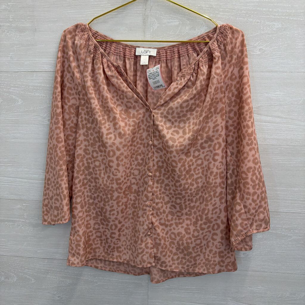 Loft Pink Leopard Print Button Front Long Sleeve Top Small