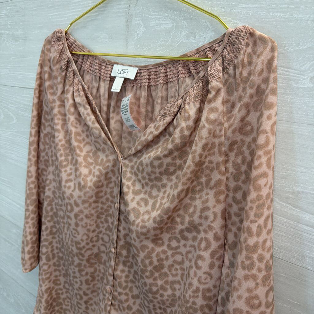 Loft Pink Leopard Print Button Front Long Sleeve Top Small