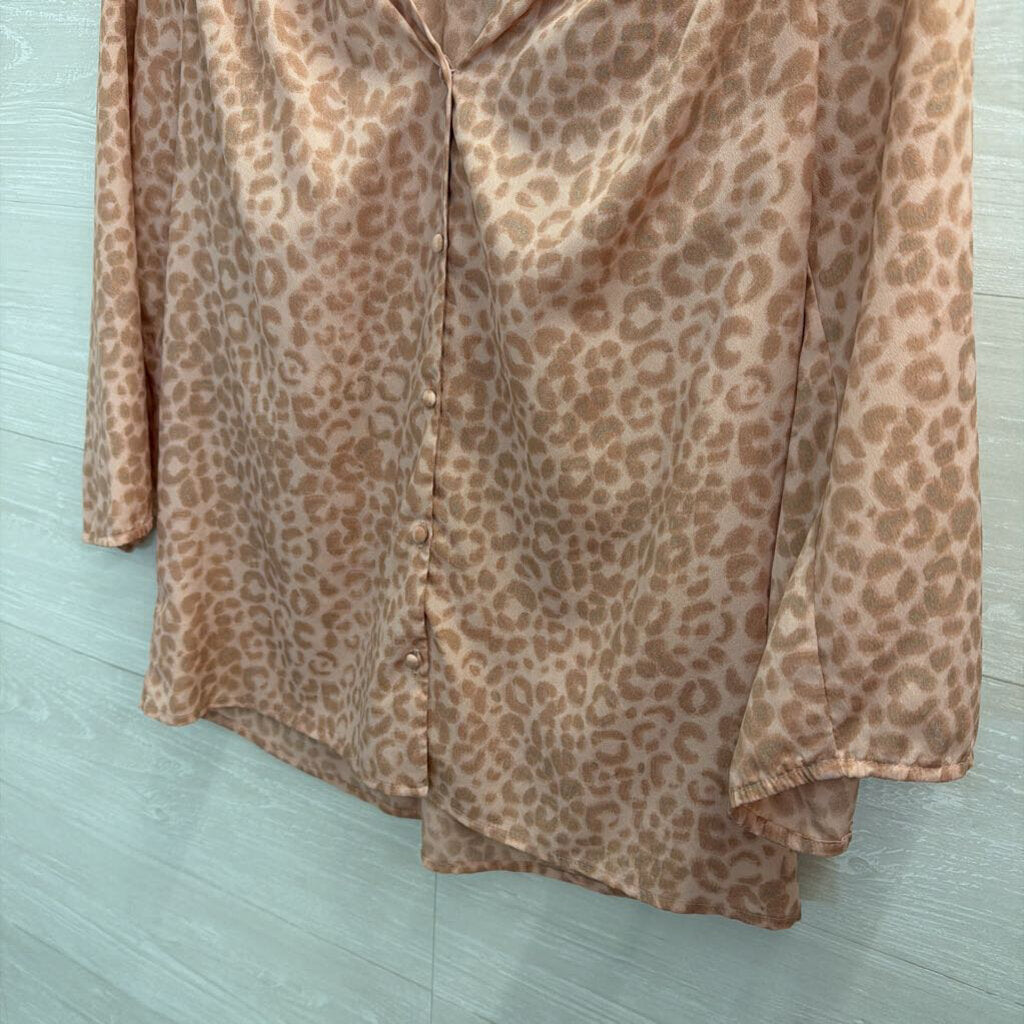 Loft Pink Leopard Print Button Front Long Sleeve Top Small