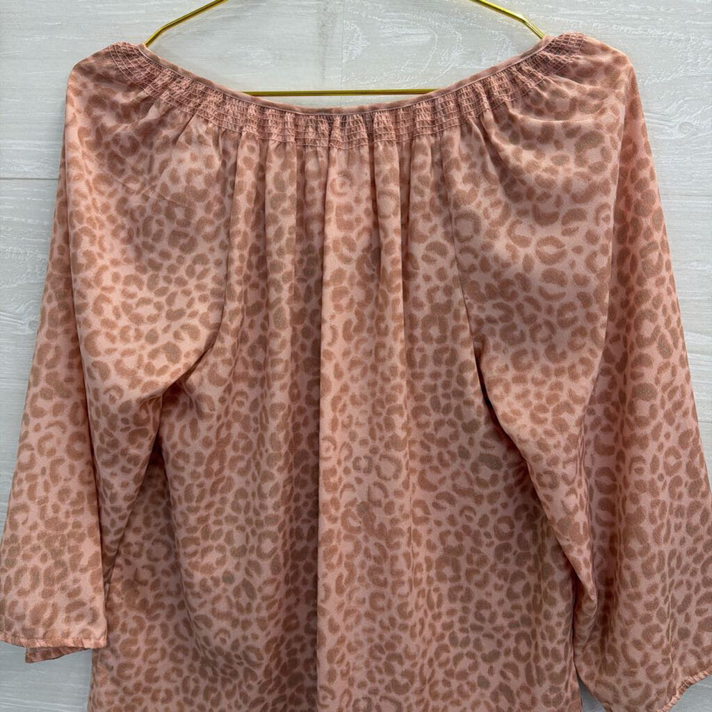 Loft Pink Leopard Print Button Front Long Sleeve Top Small