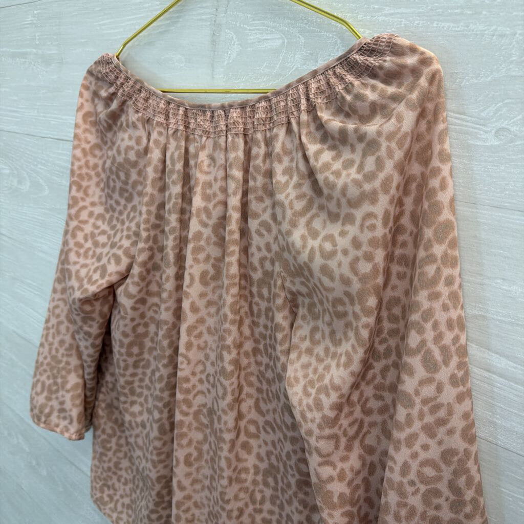 Loft Pink Leopard Print Button Front Long Sleeve Top Small