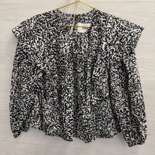 Pistola Black/ White Print Ruffle Detail Long Sleeve Top Small