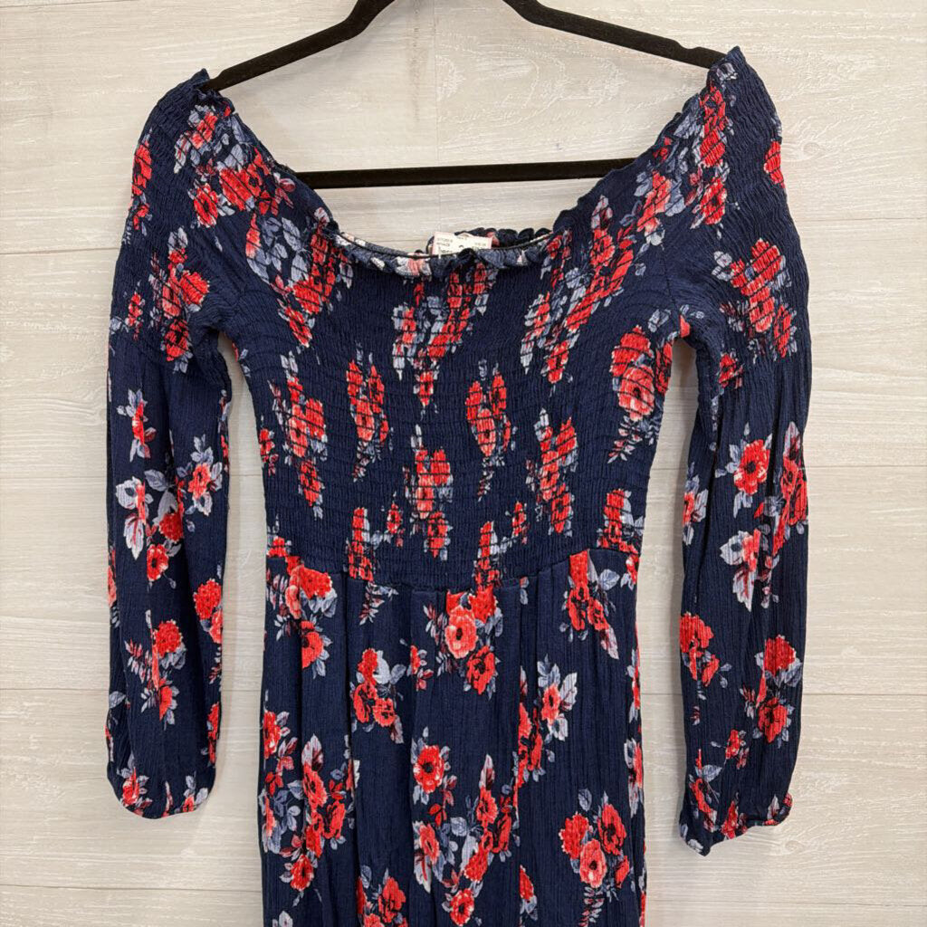 Altar'd State Navy/ Red Floral Print Smocked Top Long Sleeve Maxi Dress Large