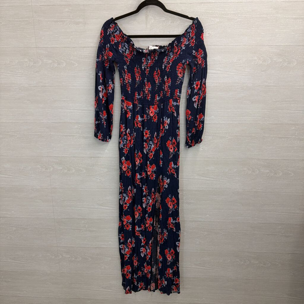 Altar'd State Navy/ Red Floral Print Smocked Top Long Sleeve Maxi Dress Large