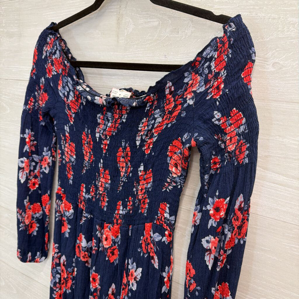 Altar'd State Navy/ Red Floral Print Smocked Top Long Sleeve Maxi Dress Large