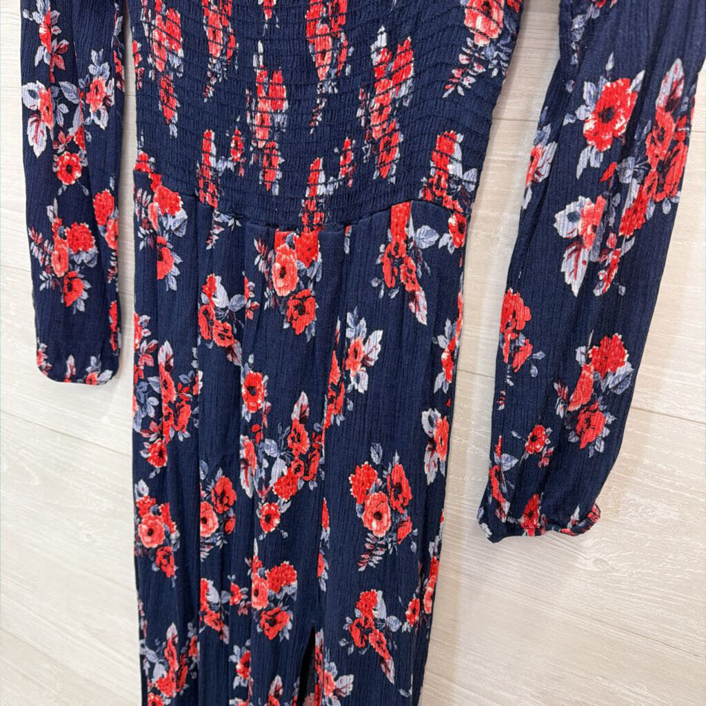 Altar'd State Navy/ Red Floral Print Smocked Top Long Sleeve Maxi Dress Large