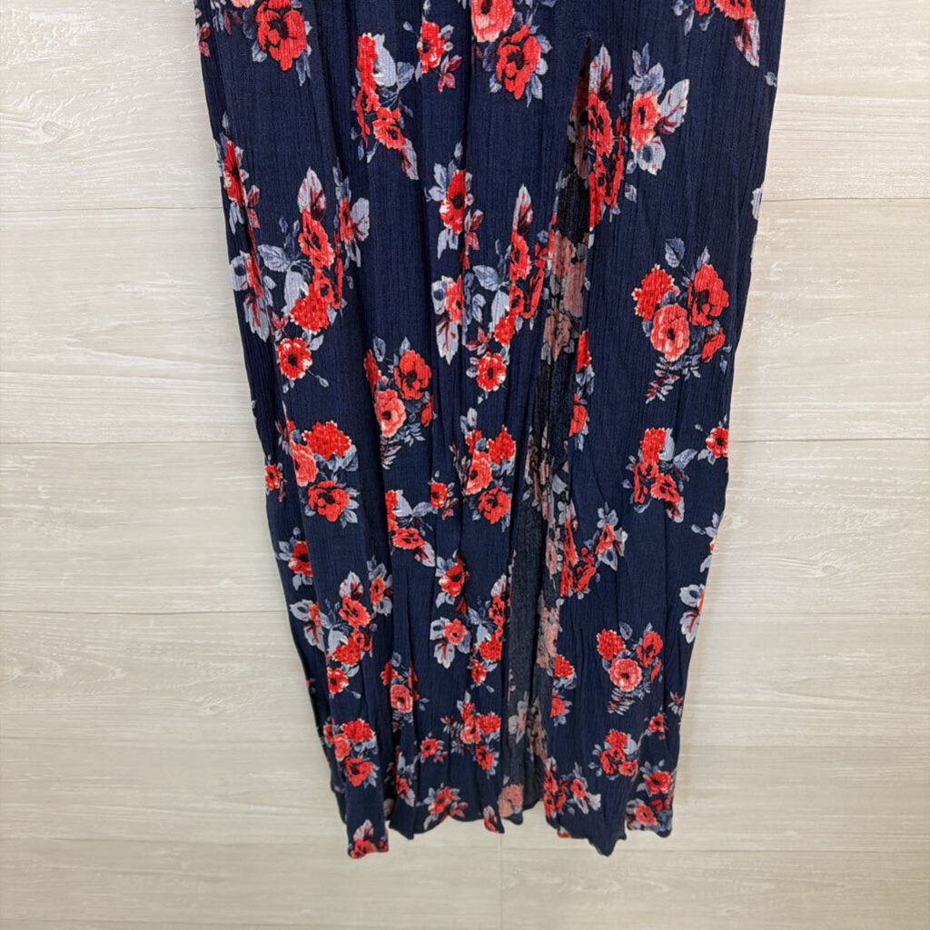Altar'd State Navy/ Red Floral Print Smocked Top Long Sleeve Maxi Dress Large