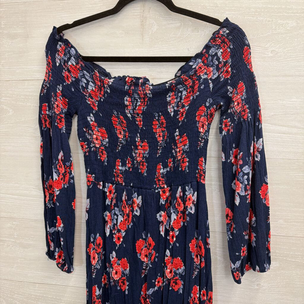 Altar'd State Navy/ Red Floral Print Smocked Top Long Sleeve Maxi Dress Large