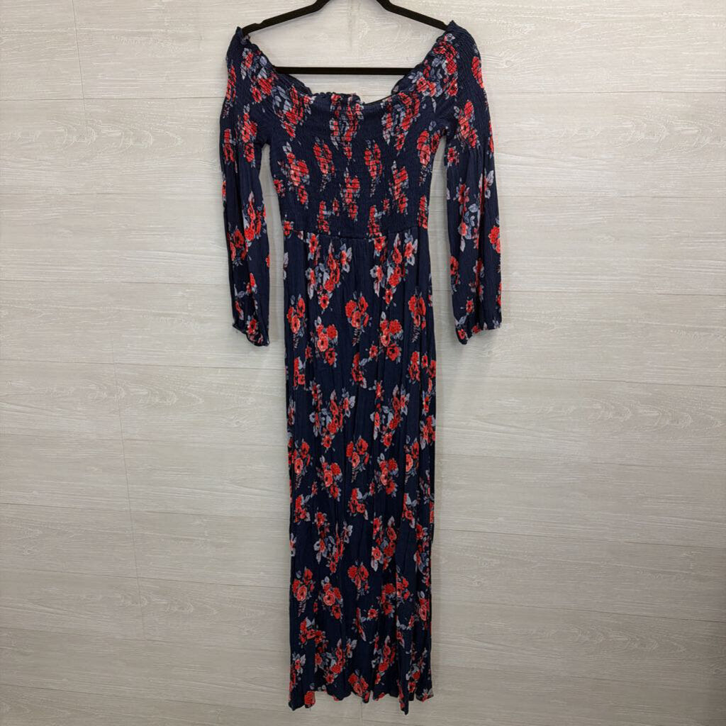 Altar'd State Navy/ Red Floral Print Smocked Top Long Sleeve Maxi Dress Large