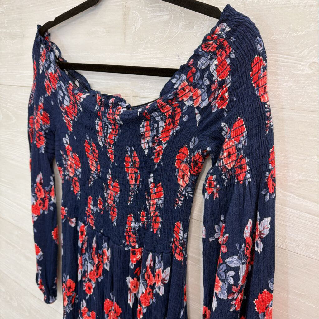 Altar'd State Navy/ Red Floral Print Smocked Top Long Sleeve Maxi Dress Large