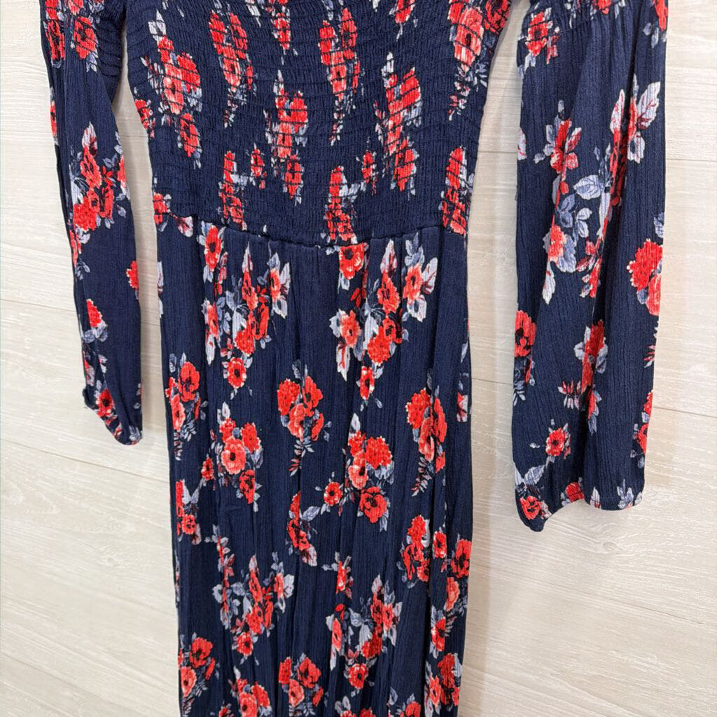 Altar'd State Navy/ Red Floral Print Smocked Top Long Sleeve Maxi Dress Large