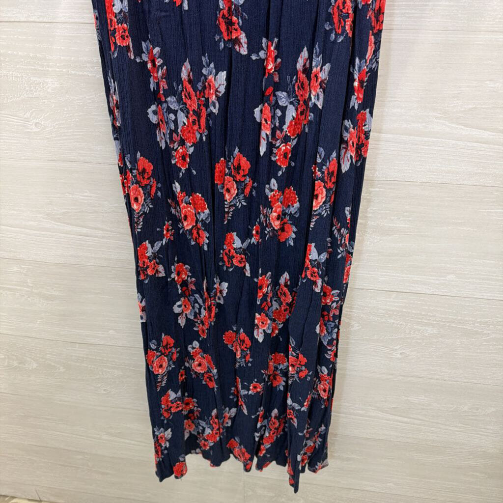 Altar'd State Navy/ Red Floral Print Smocked Top Long Sleeve Maxi Dress Large