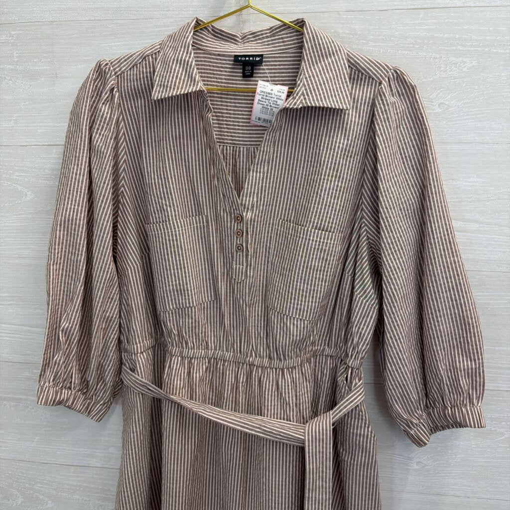 Torrid Brown/ White Striped Long Sleeve Tie Waist Dress 00
