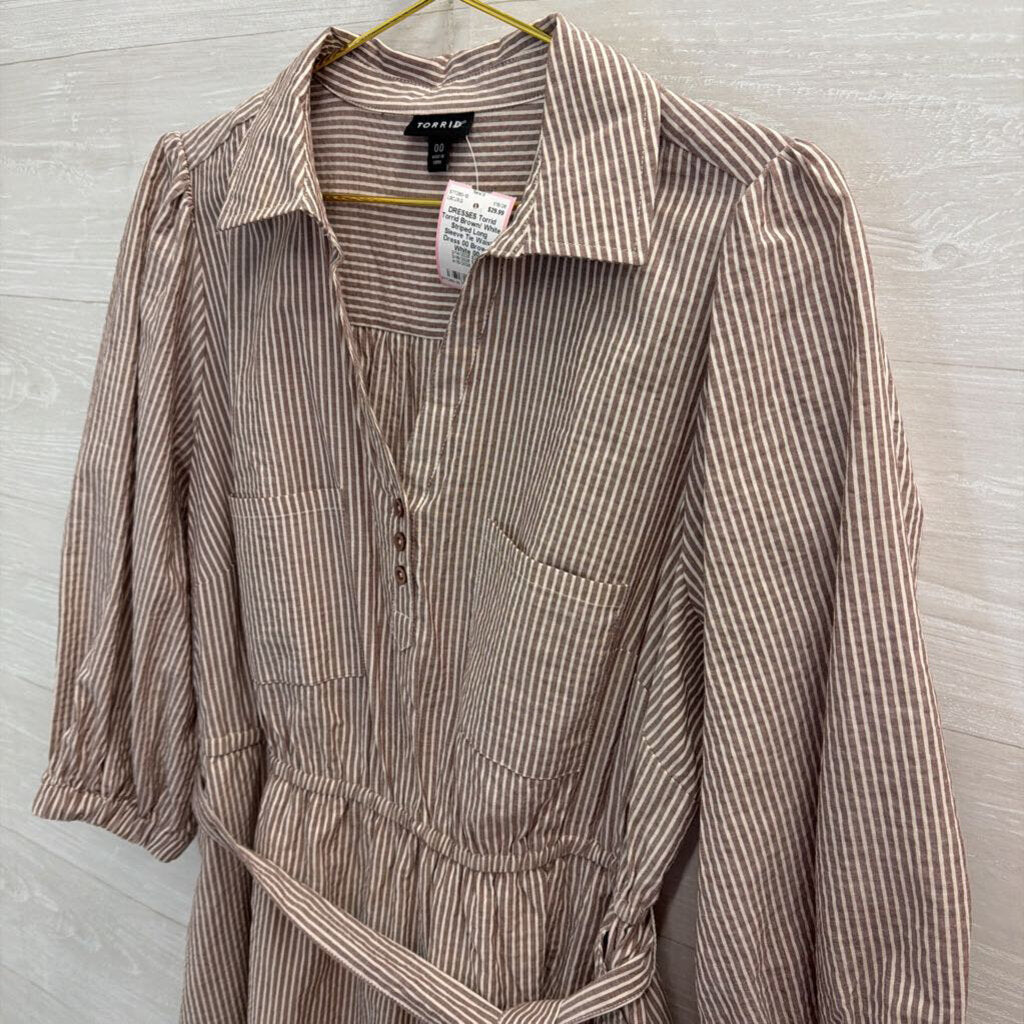 Torrid Brown/ White Striped Long Sleeve Tie Waist Dress 00