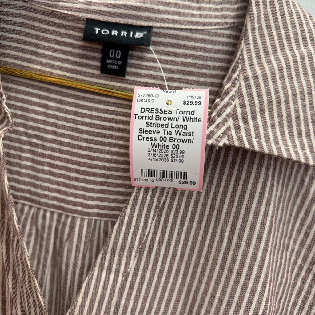 Torrid Brown/ White Striped Long Sleeve Tie Waist Dress 00