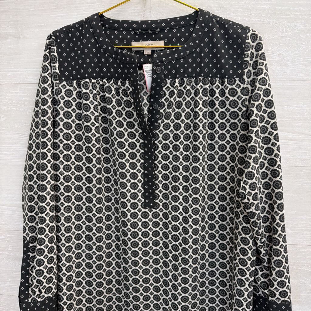Loft Grey/ White Print Long Sleeve Shift Dress Small