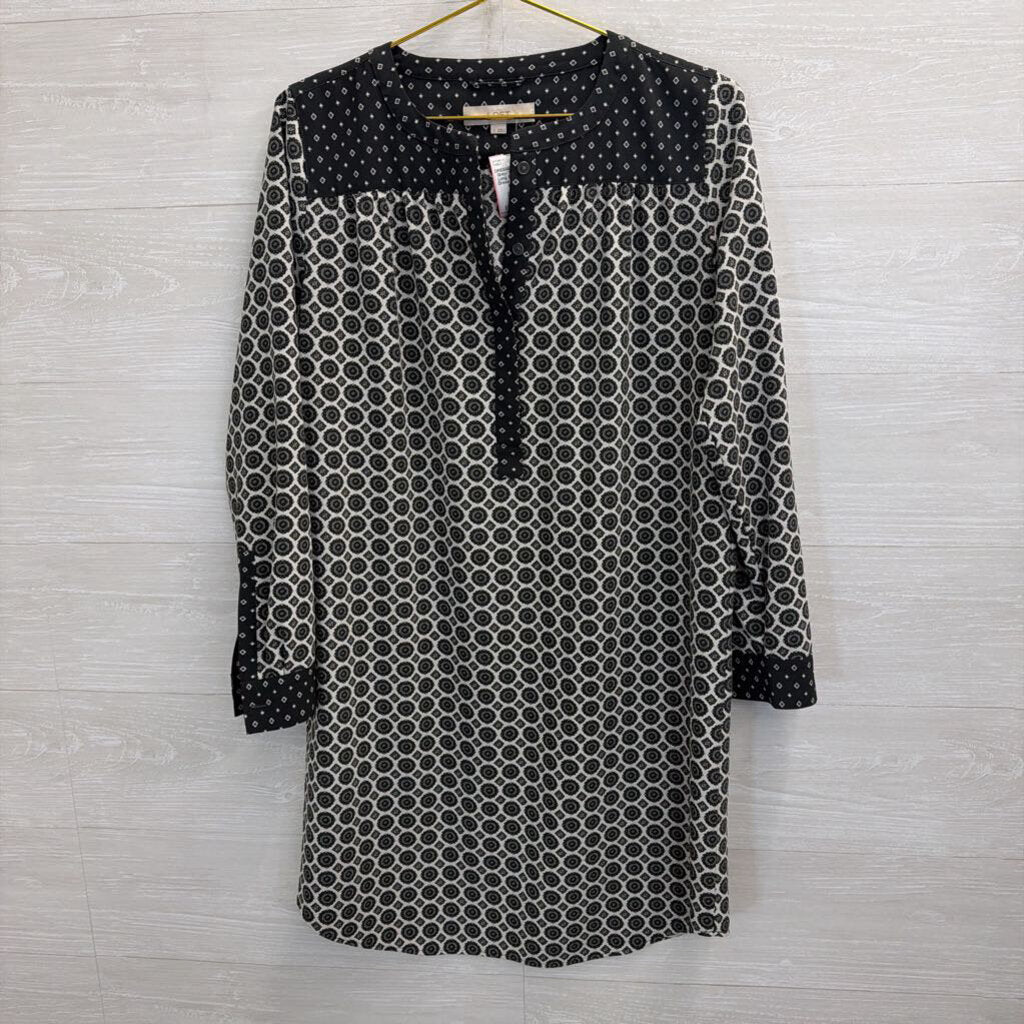 Loft Grey/ White Print Long Sleeve Shift Dress Small