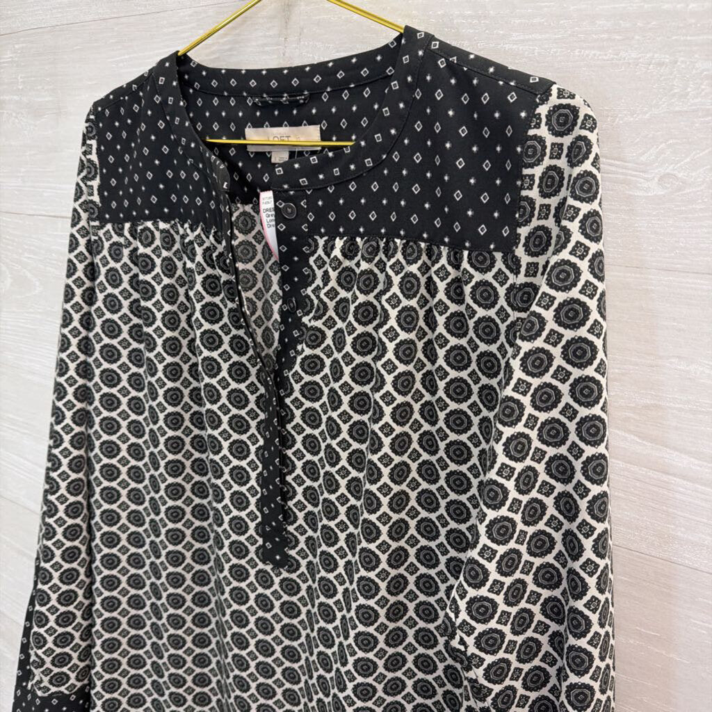 Loft Grey/ White Print Long Sleeve Shift Dress Small