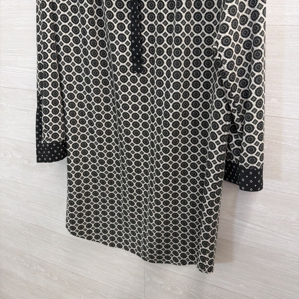 Loft Grey/ White Print Long Sleeve Shift Dress Small
