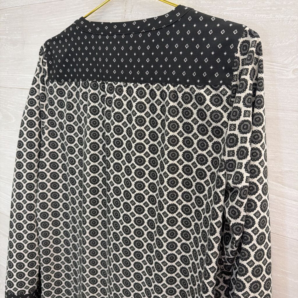Loft Grey/ White Print Long Sleeve Shift Dress Small