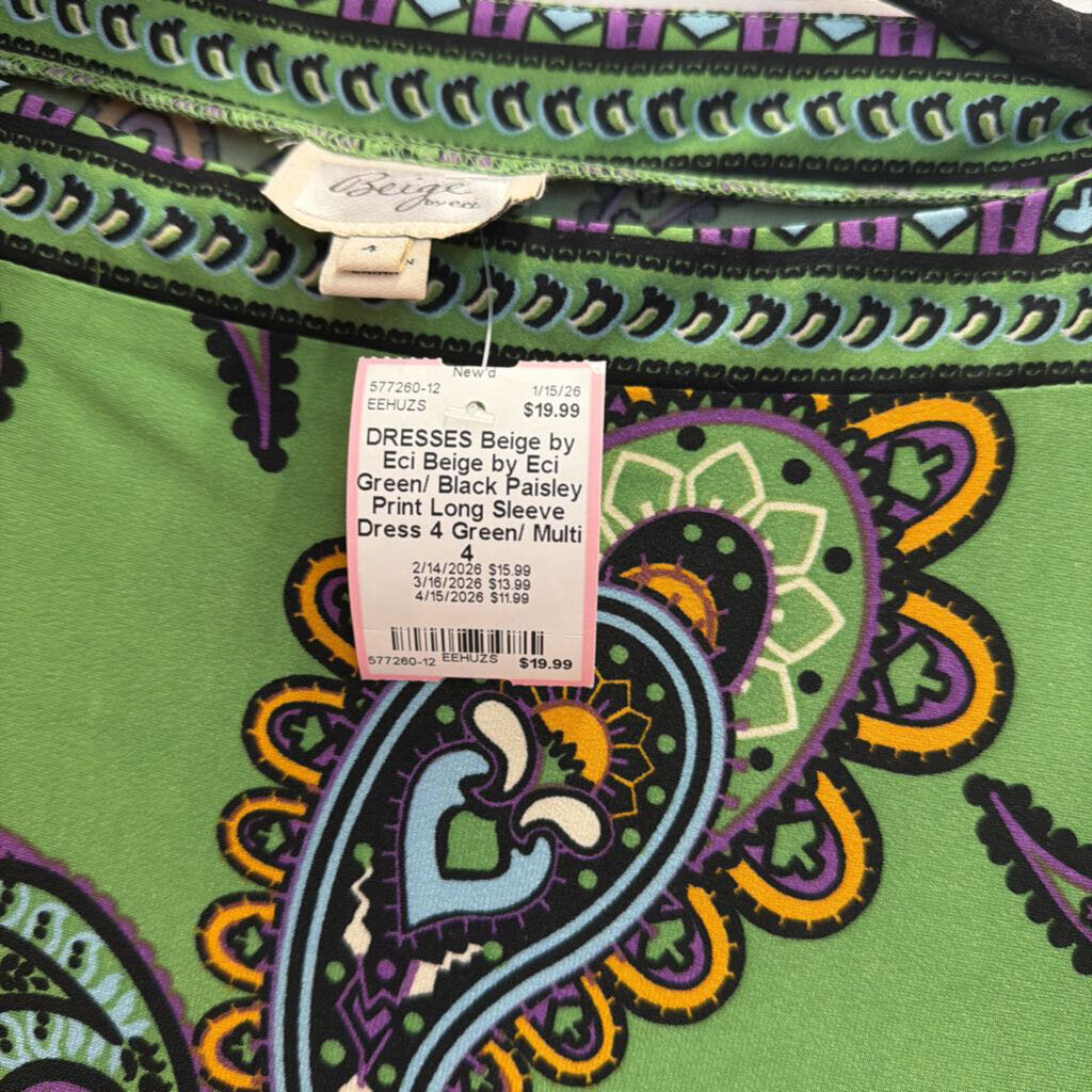 Beige by Eci Green/ Black Paisley Print Long Sleeve Dress 4