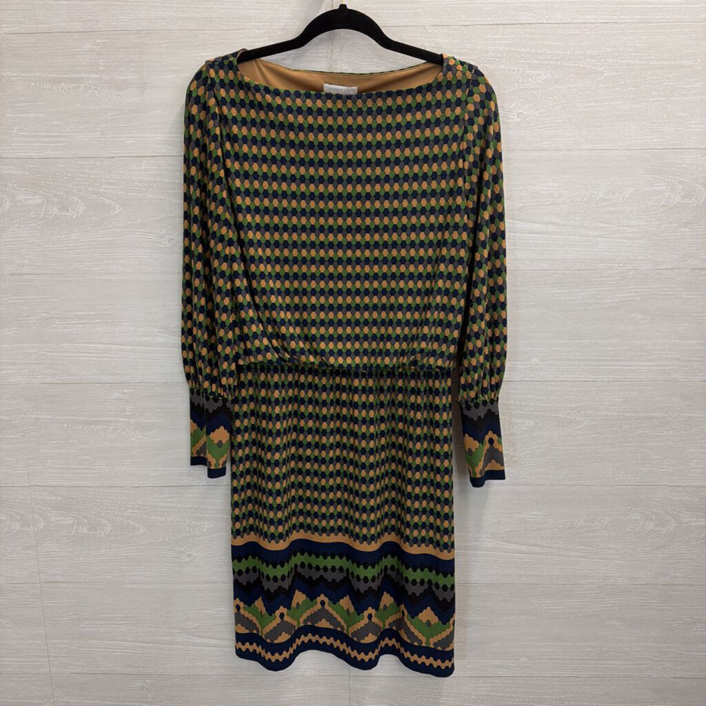 London Times Brown/ Blue/ Green Print Long Sleeve Dress 8